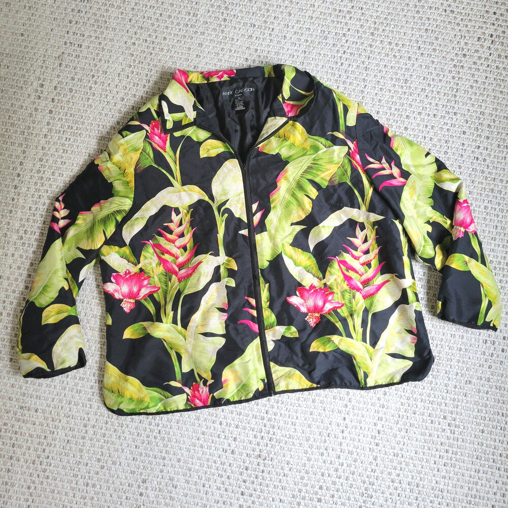 Vtg Anne Carson 3X Plus 100% Silk FullZip Top Jacket Tropical Floral Black Green